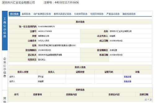 工商資料顯示，深圳市興匯全實業有限公司的經營范圍包括，投資興辦實業（具體項目另行申報）；建筑材料、建筑設備、五金制品、機電制品、配電箱、電子產品、服裝、鞋帽的購銷；建筑設備、腳手架的租賃；信息咨詢（不含限制項目）；國內貿易，從事貨物及技術的進出口業務等。