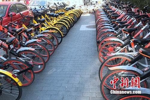 資料圖，摩拜和ofo單車在路邊整齊停放。<a target='_blank' href='http://www.chinanews.com/' >中新網(wǎng)</a> 吳濤 攝