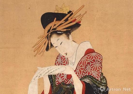 《藝妓讀信》局部，喜多川歌麿  （？-1806），彩色木刻版畫，約1805—1806年