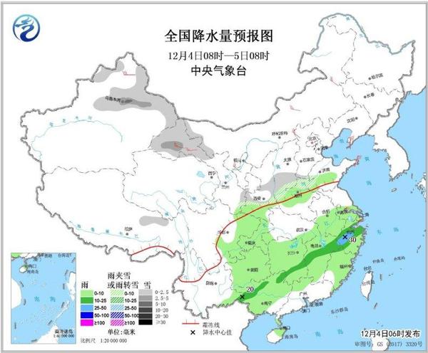 圖1 全國降水量預(yù)報圖(12月4日08時-5日08時)