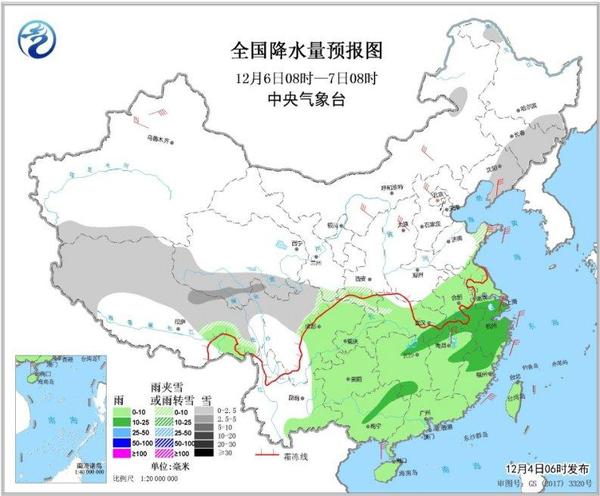 圖3 全國降水量預(yù)報圖(12月6日08時-7日08時)