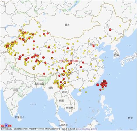 2018年全國3級及以上地震分布圖(四級以上紅色標注)。圖片來源：中國地震臺網微信公眾號